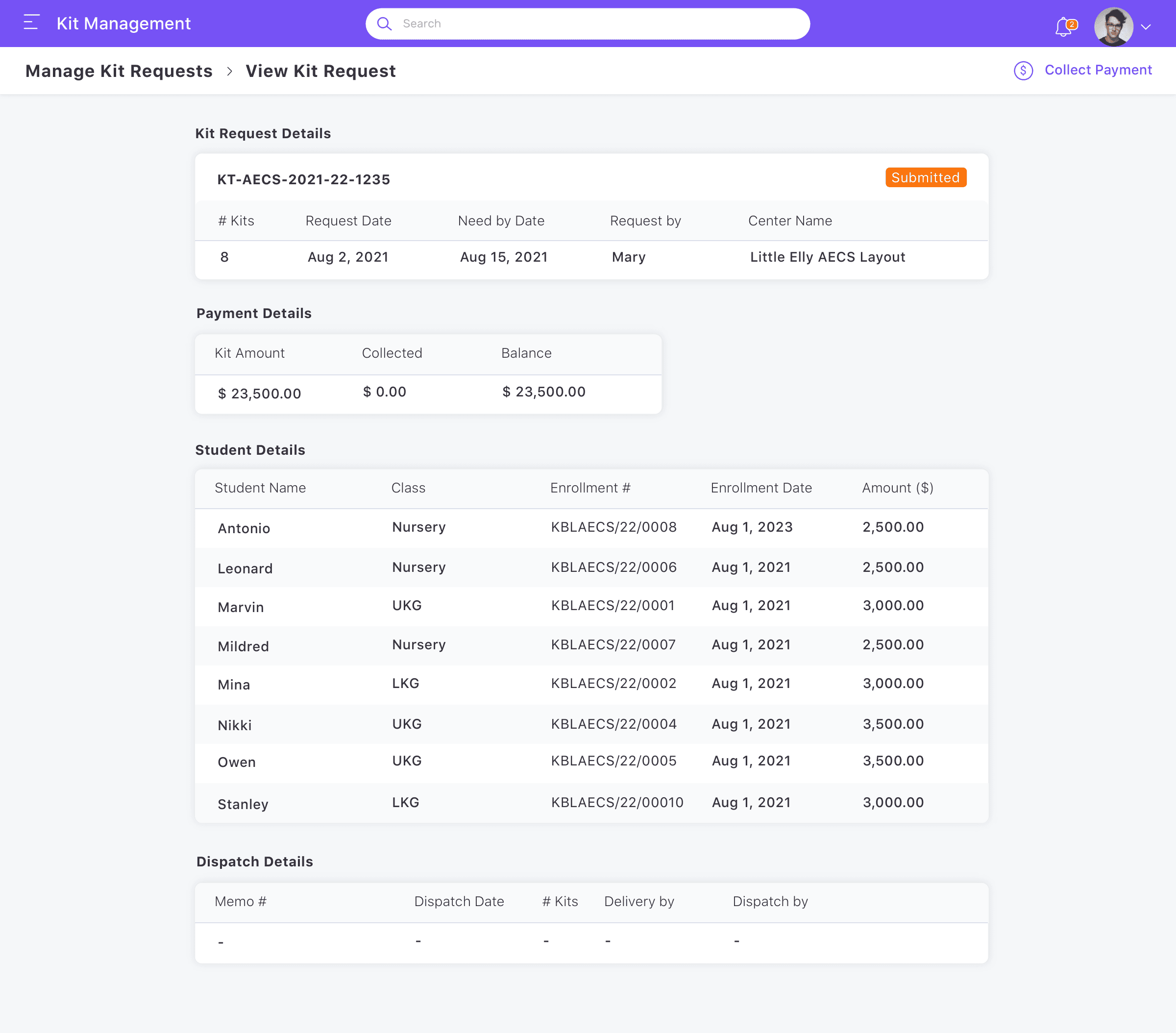 Franchisor request detail view showing student and payment information