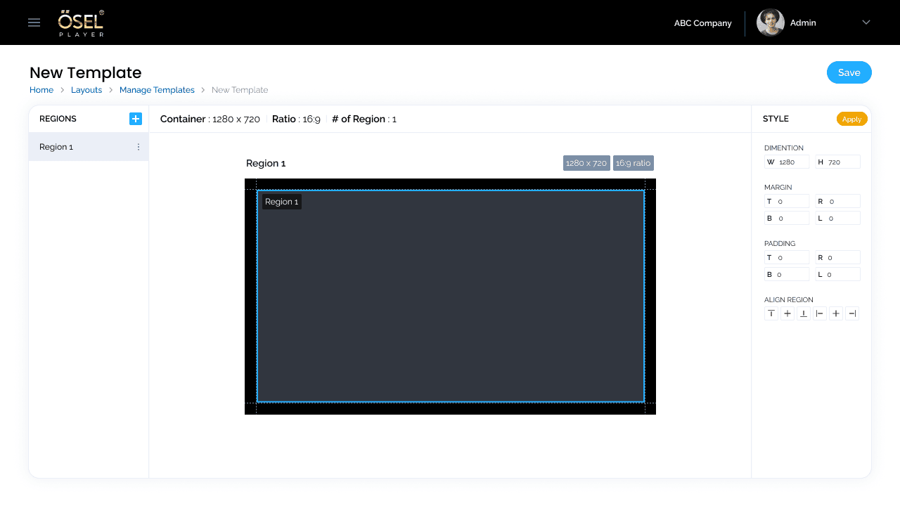 OSEL layout builder showing flexible region configuration with multiple regions and media assignment options
