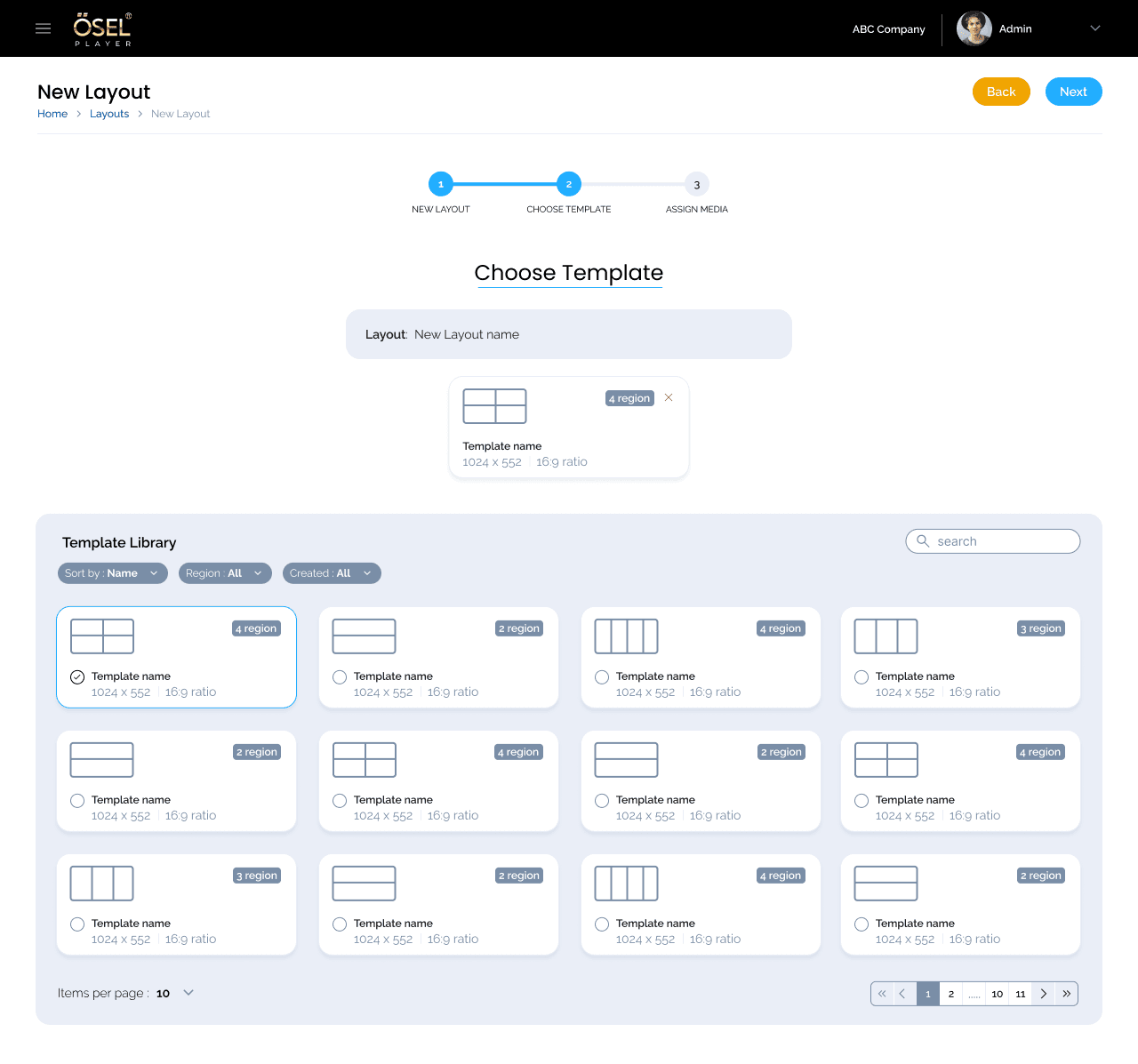 OSEL layout template selection showing available templates with different region configurations