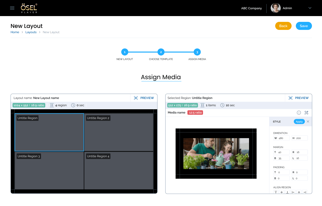 OSEL layout workflow showing media assignment to regions with live preview