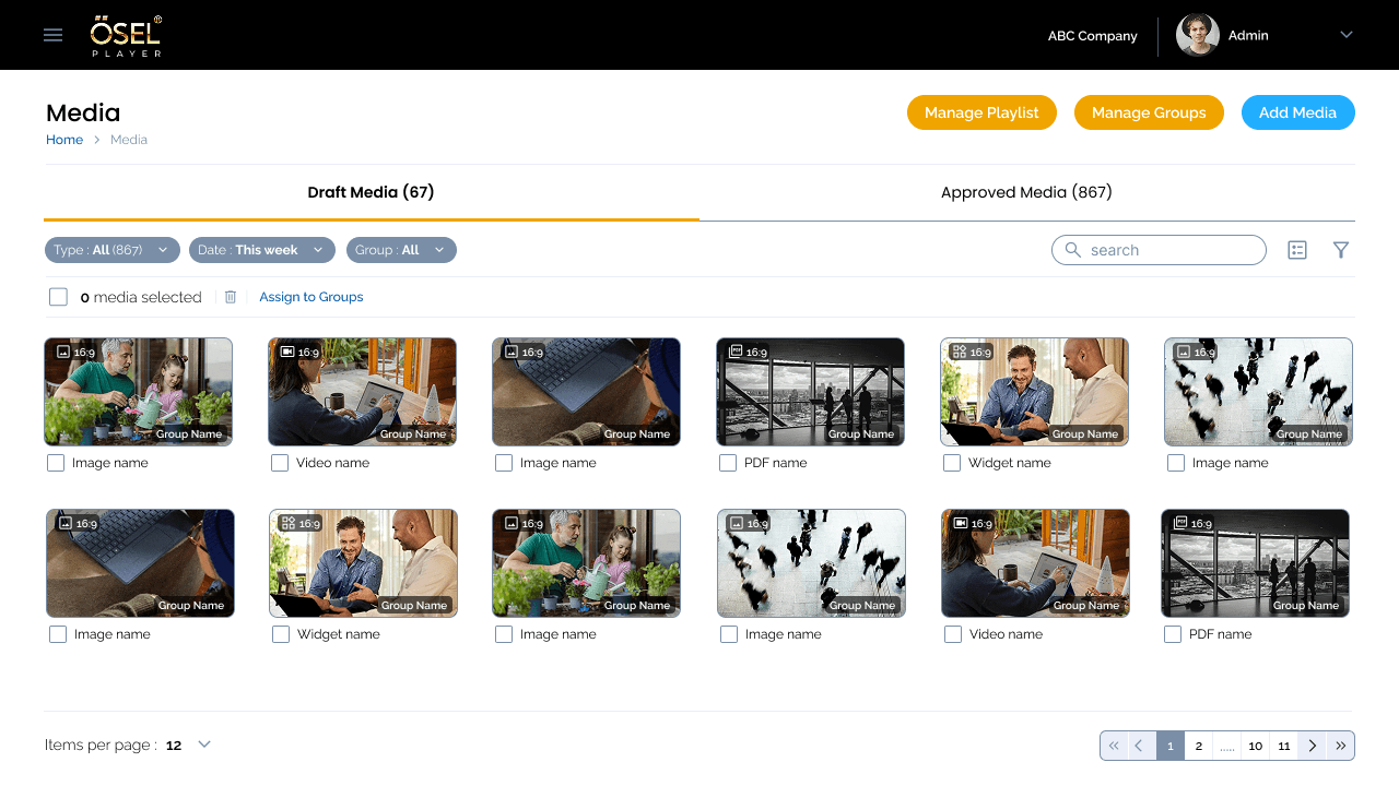 OSEL media management interface showing content organization with search, filtering and media type support