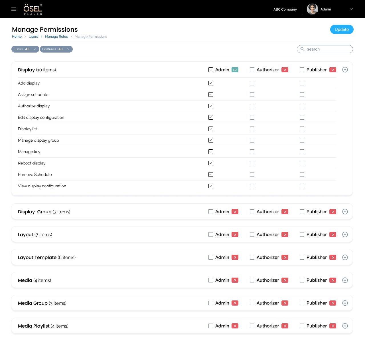OSEL permissions screen showing role-based access controls for display management and other features