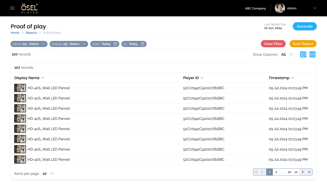 OSEL reporting interface showing playback history and proof-of-play metrics for scheduled content