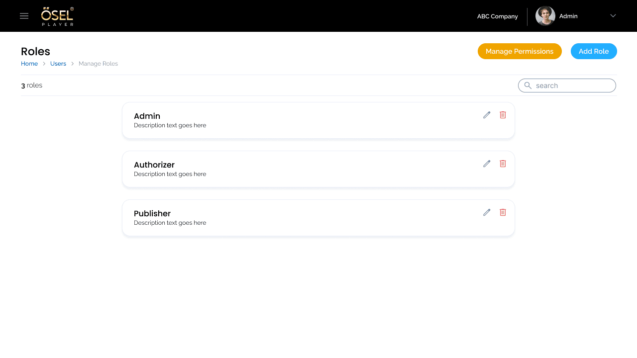 OSEL roles interface showing Admin, Authorizer and Publisher role configurations