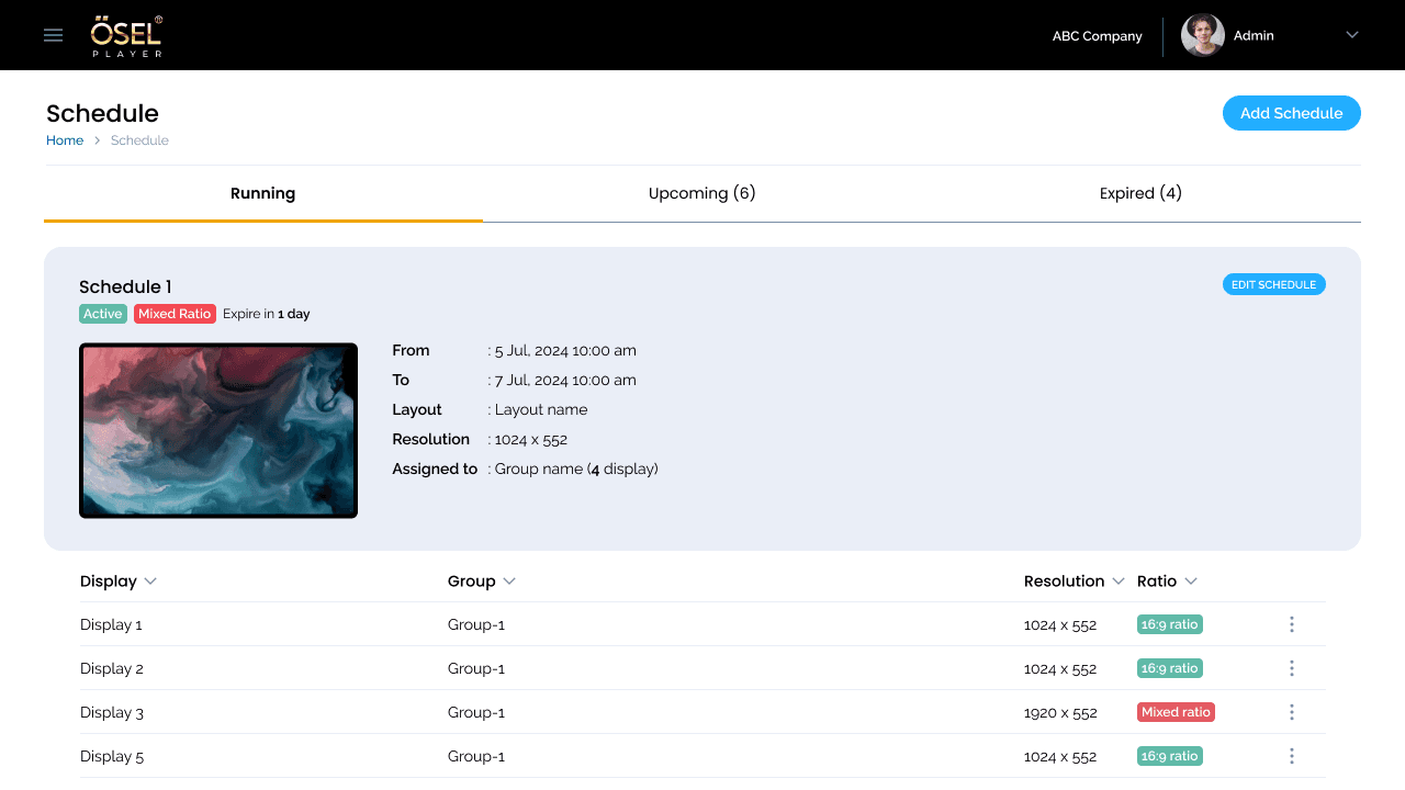 OSEL scheduling interface showing running, upcoming and expired schedules with time and display assignments