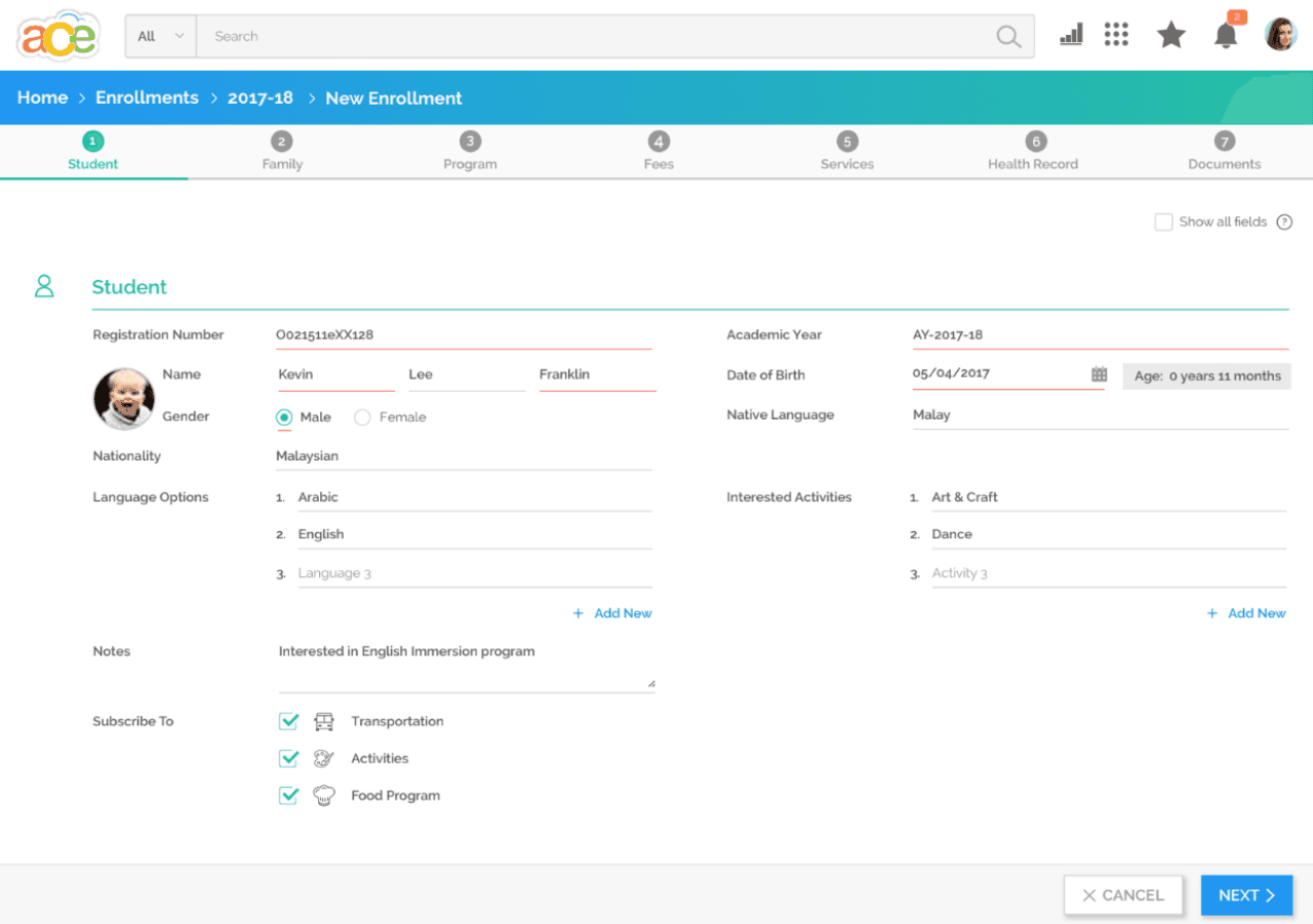School ERP enrollment wizard showing the student information entry step with tabs for Student, Family, Program, Fees, Services, Health Record, and Documents