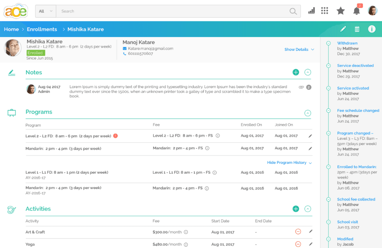 School ERP enrollment detail showing program history, activities, notes and status changes for an enrolled student