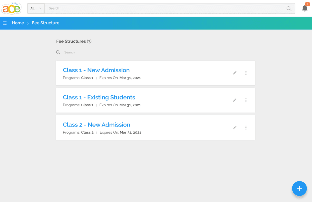School ERP fee structure management showing reusable fee structure configurations organized by program and admission context
