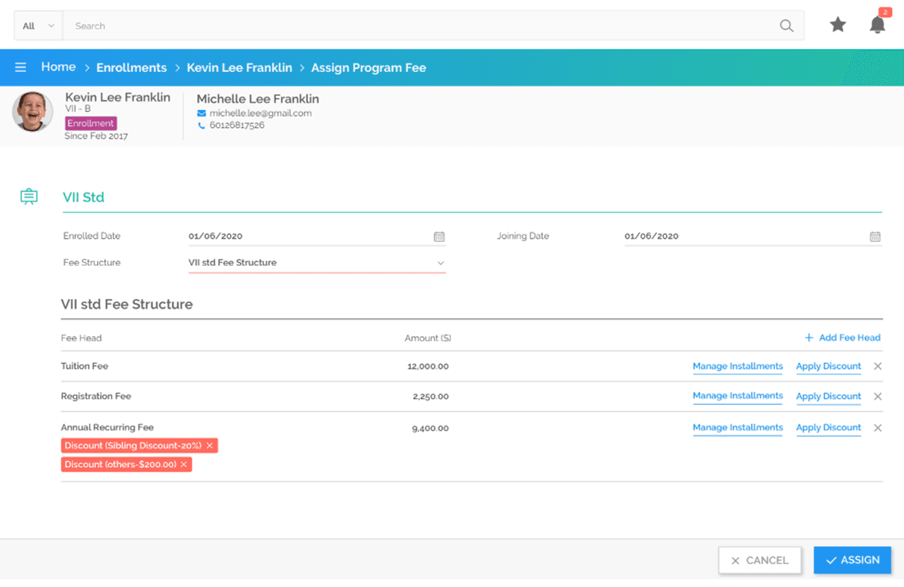 School ERP student fee management showing student enrollment, program assignment, fee breakdown, discounts, and school-specific management actions
