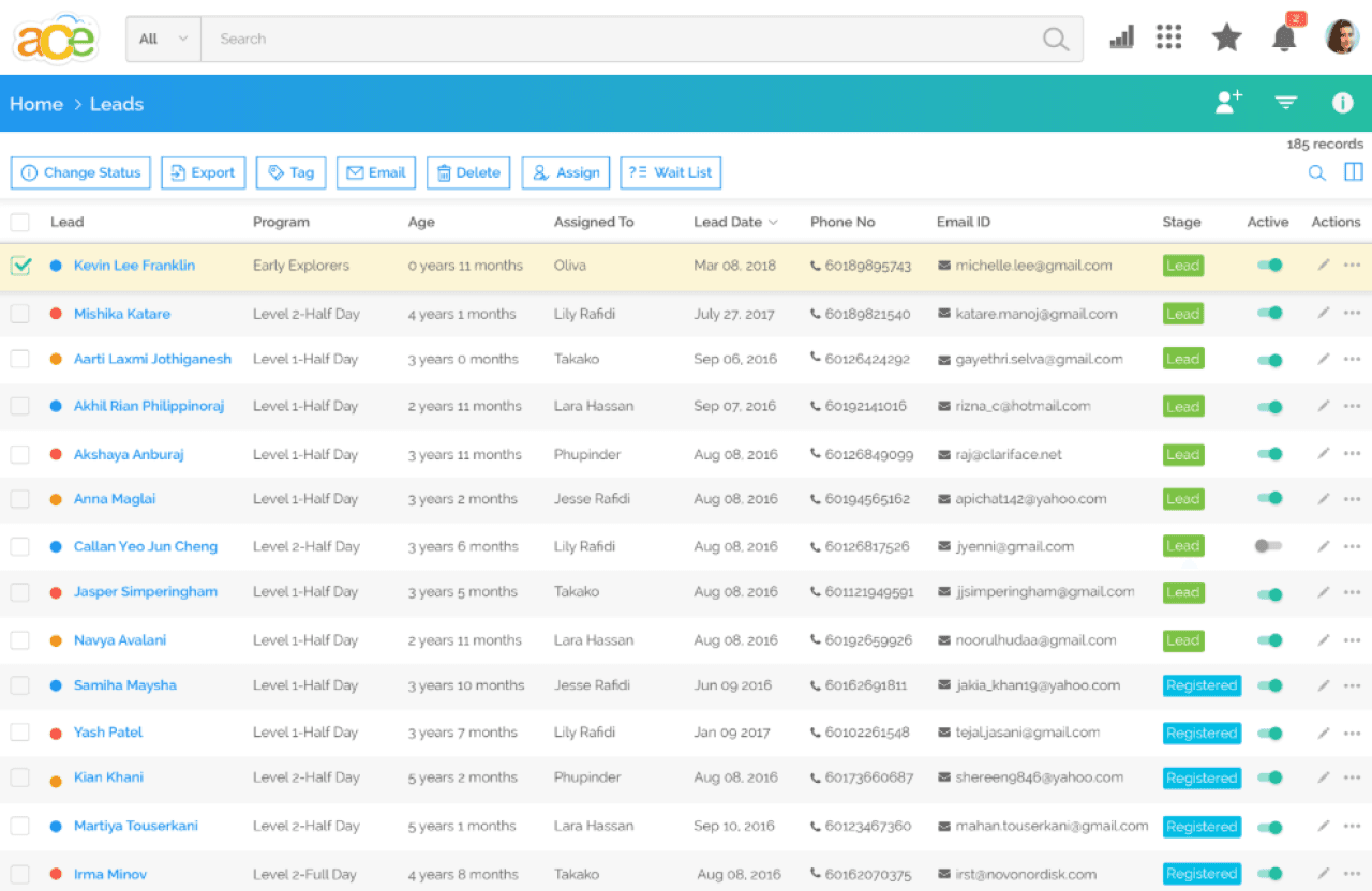 School ERP lead management list showing searchable records with prospect information, program details, lead status, assigned staff, contact information, and action controls