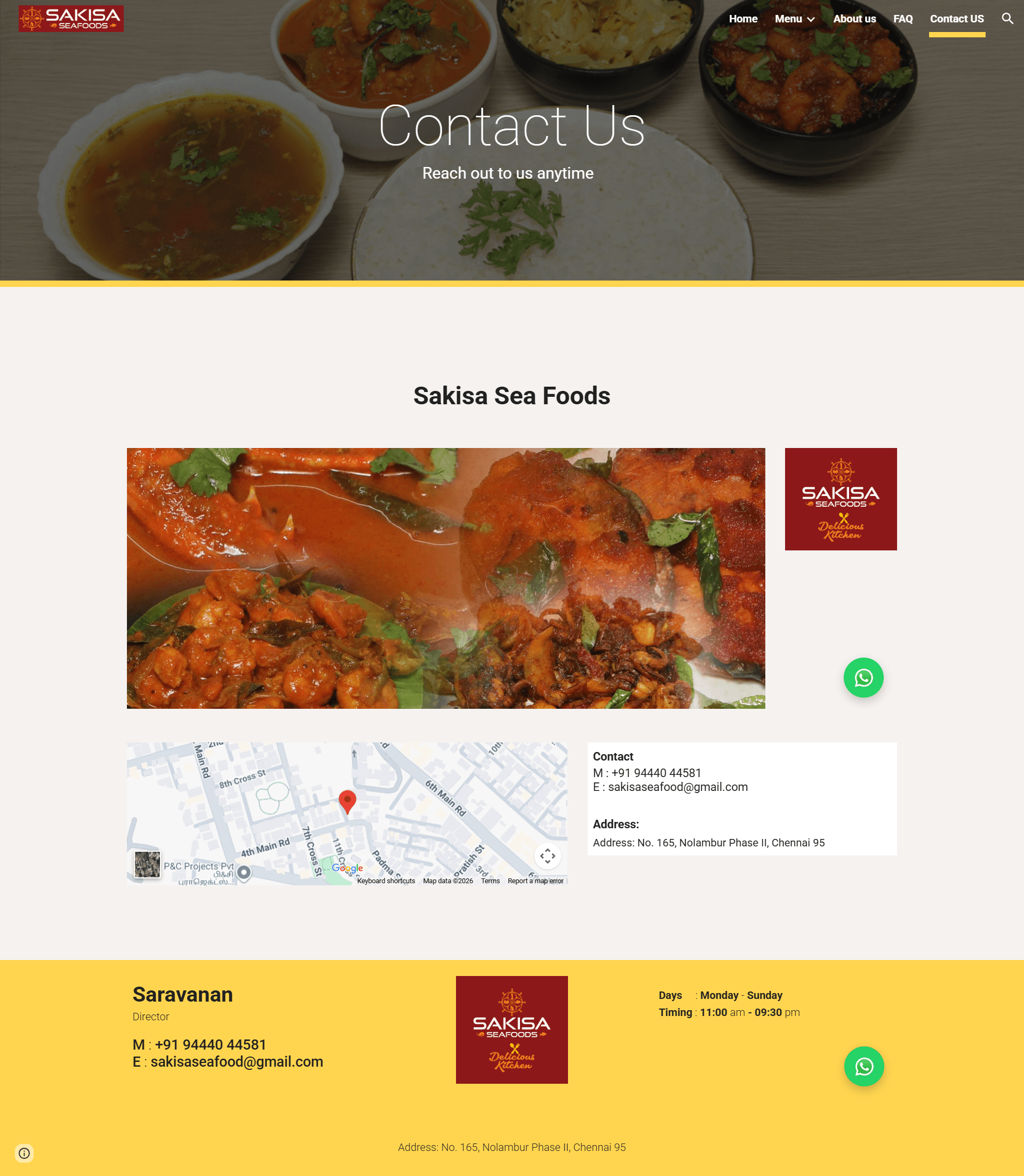 Sakisa Seafoods website contact section with WhatsApp and Zomato ordering options and location map