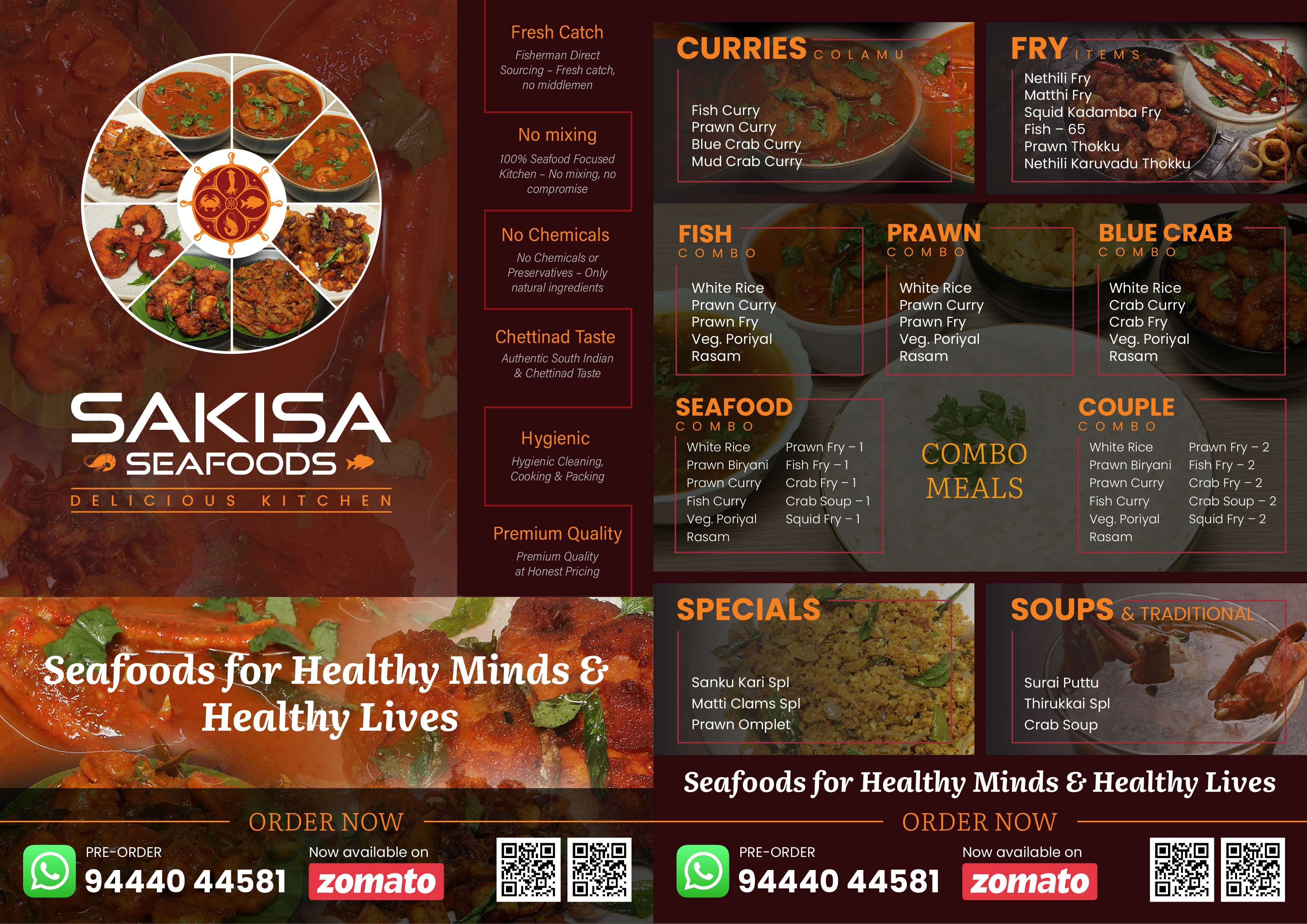 Sakisa Seafoods alternate promotional flyer using the same visual language, menu categories, and ordering information