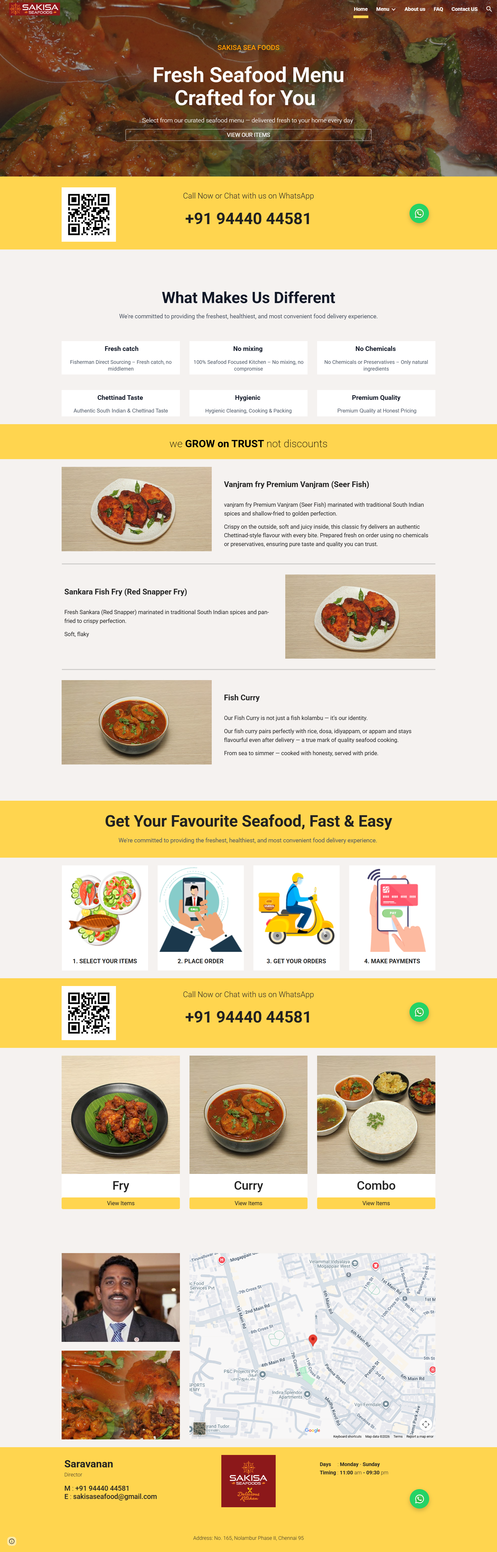 Sakisa Seafoods website homepage showing hero section, value propositions, menu categories, process flow, and location information