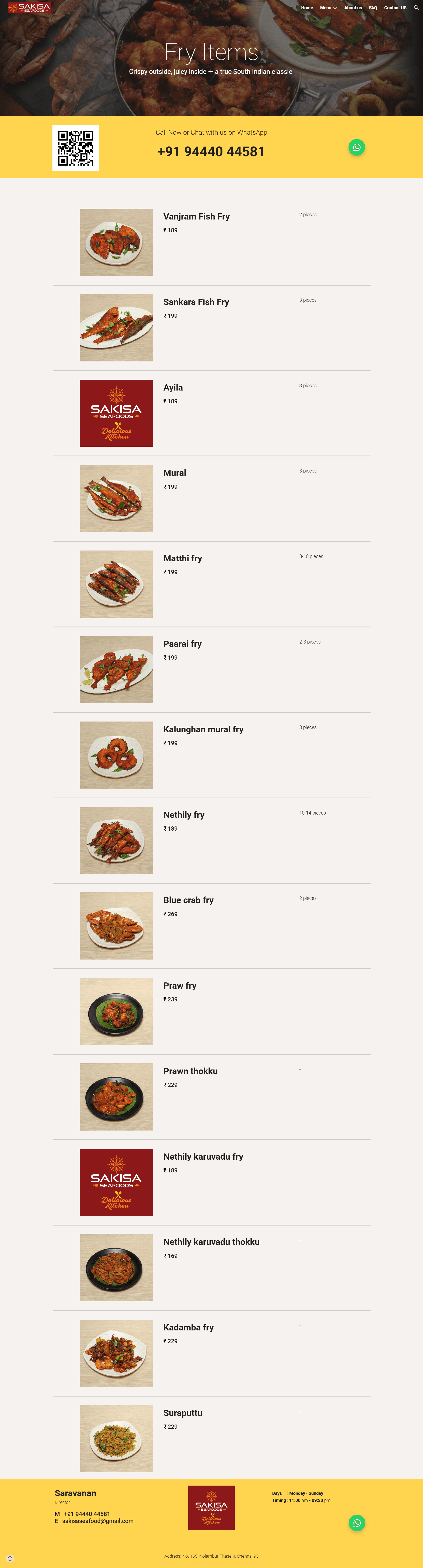 Sakisa Seafoods website menu page showing organized food categories and items
