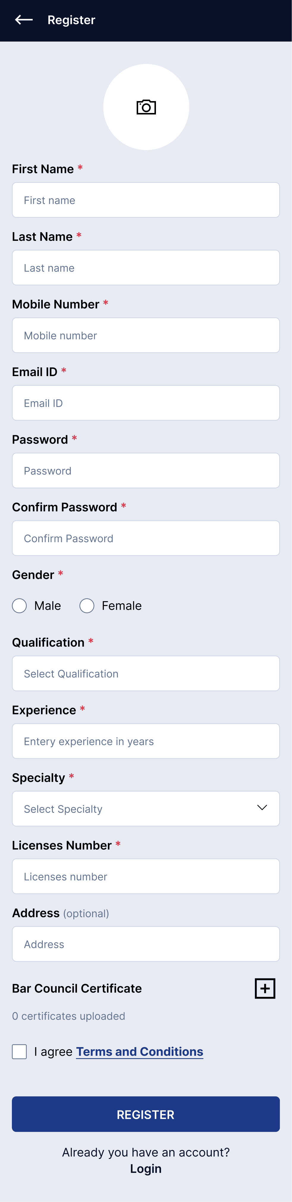 Advocate registration form showing profile setup for legal professionals