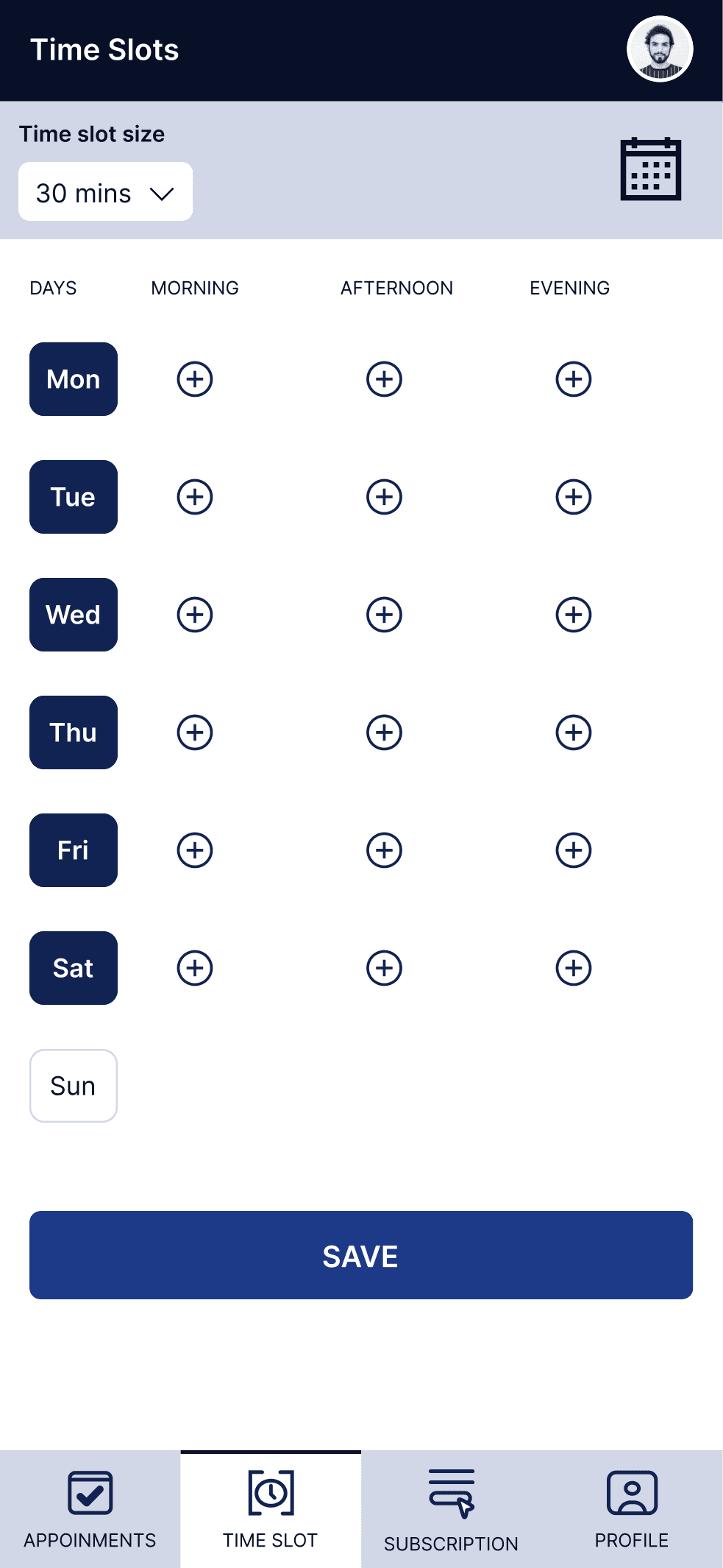 Time-slot configuration interface showing day selection and time period setup