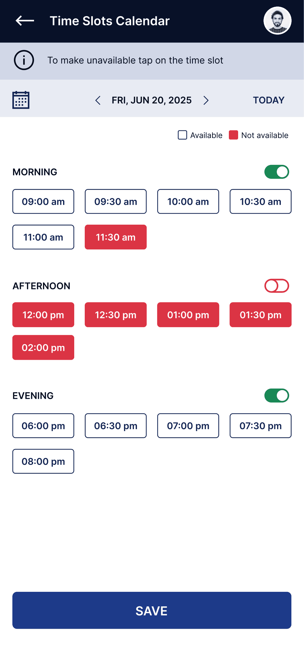 Availability calendar showing color-coded available and booked consultation slots