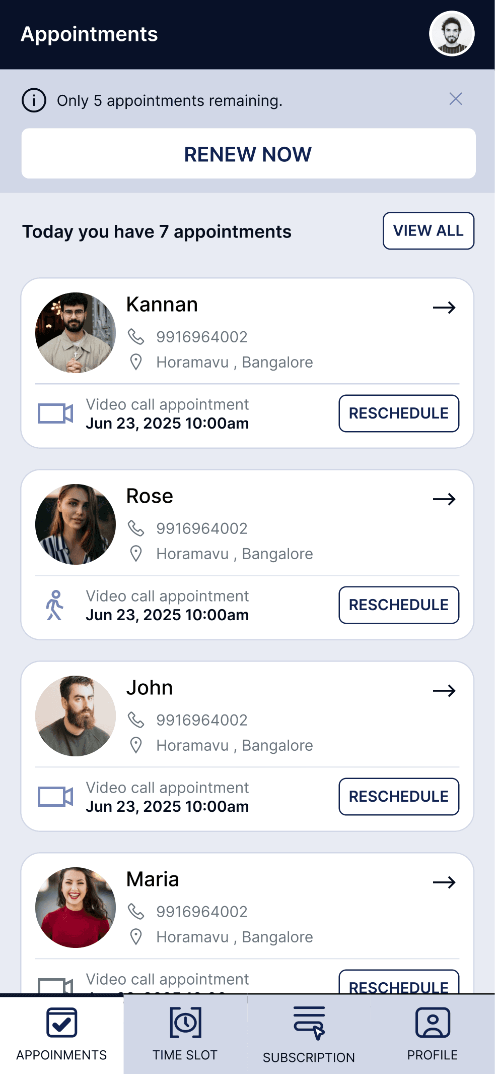 Advocate appointments interface showing list of booked consultations with client information