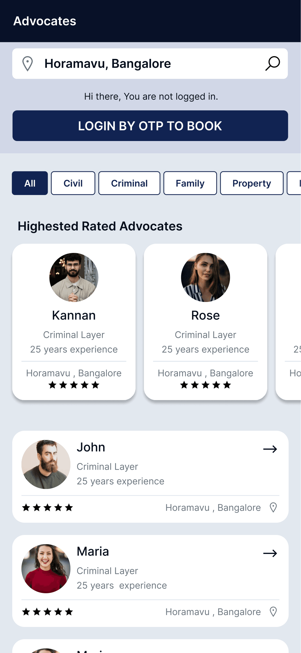 Client advocate discovery interface showing filtered list of legal professionals