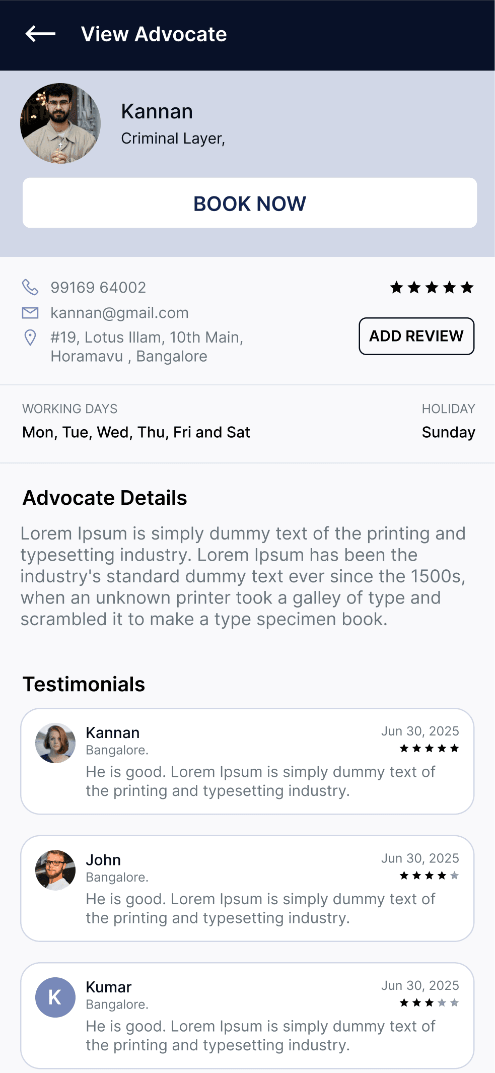 Advocate profile showing detailed information including qualifications and client feedback