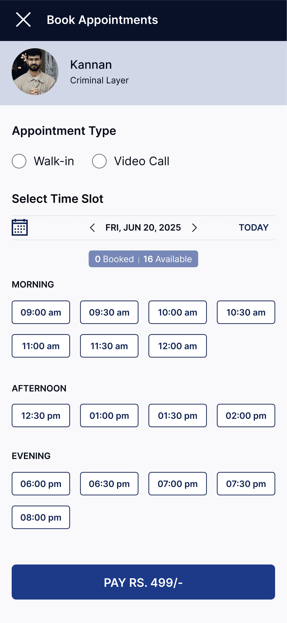 Appointment booking interface showing available time slots for selected date