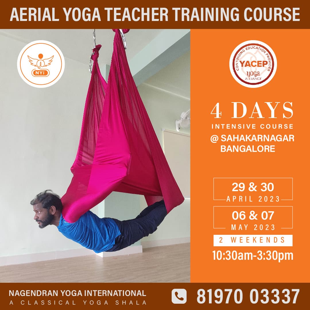 Aerial Yoga Teacher Training announcement with photography-led design and certification badges