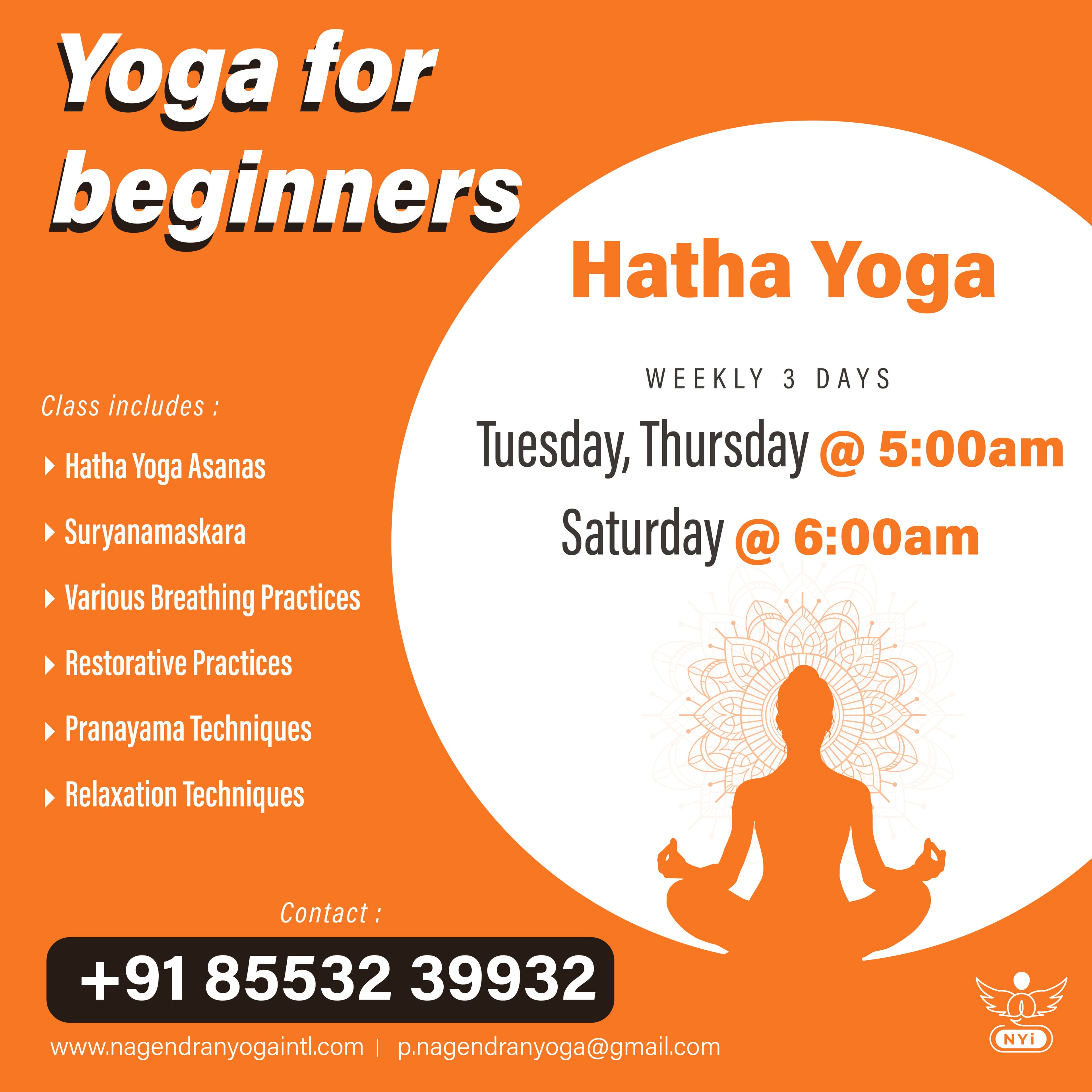 Hatha Yoga course promotion post with meditation silhouette and mandala pattern
