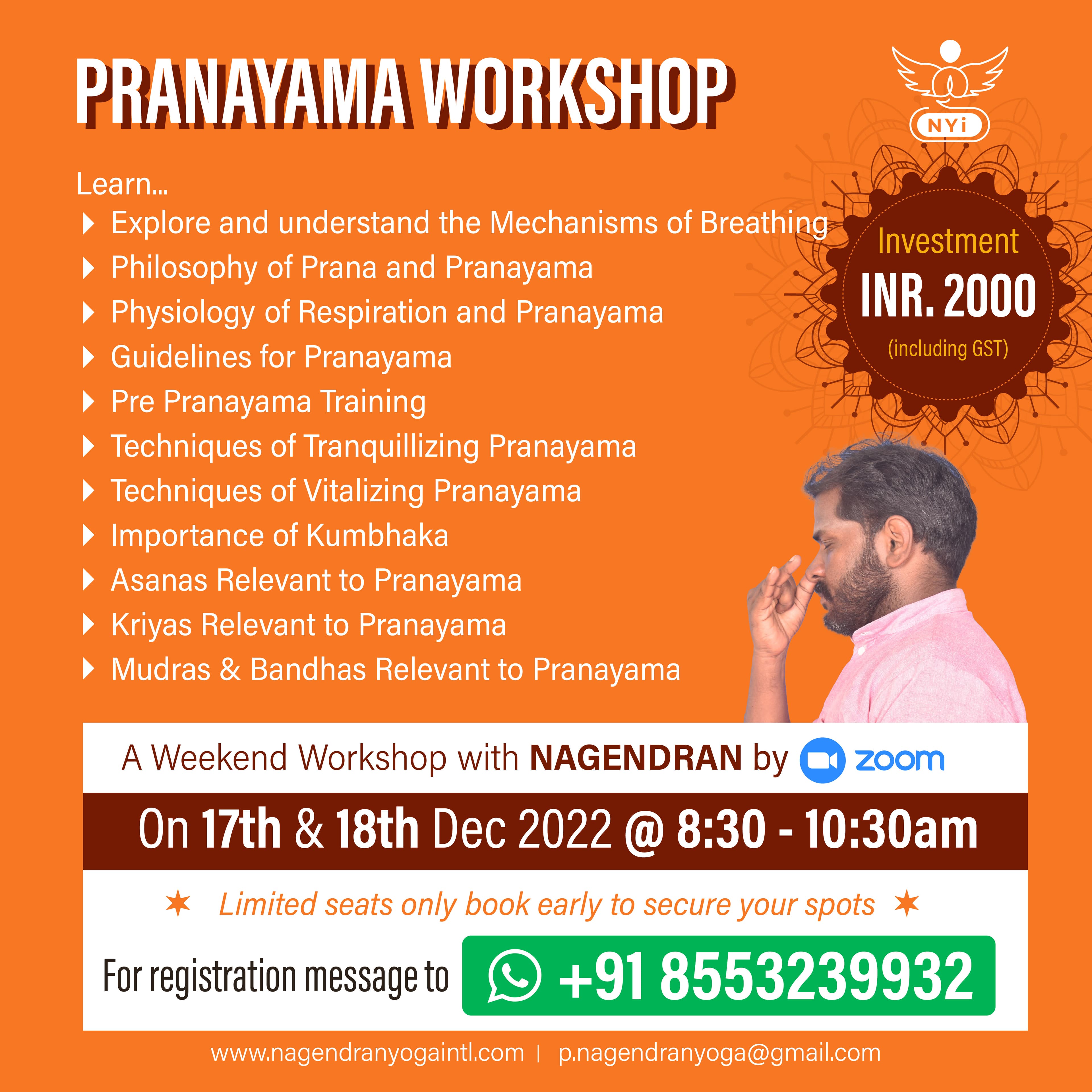 Pranayama Workshop promotion combining content hierarchy with instructor credibility