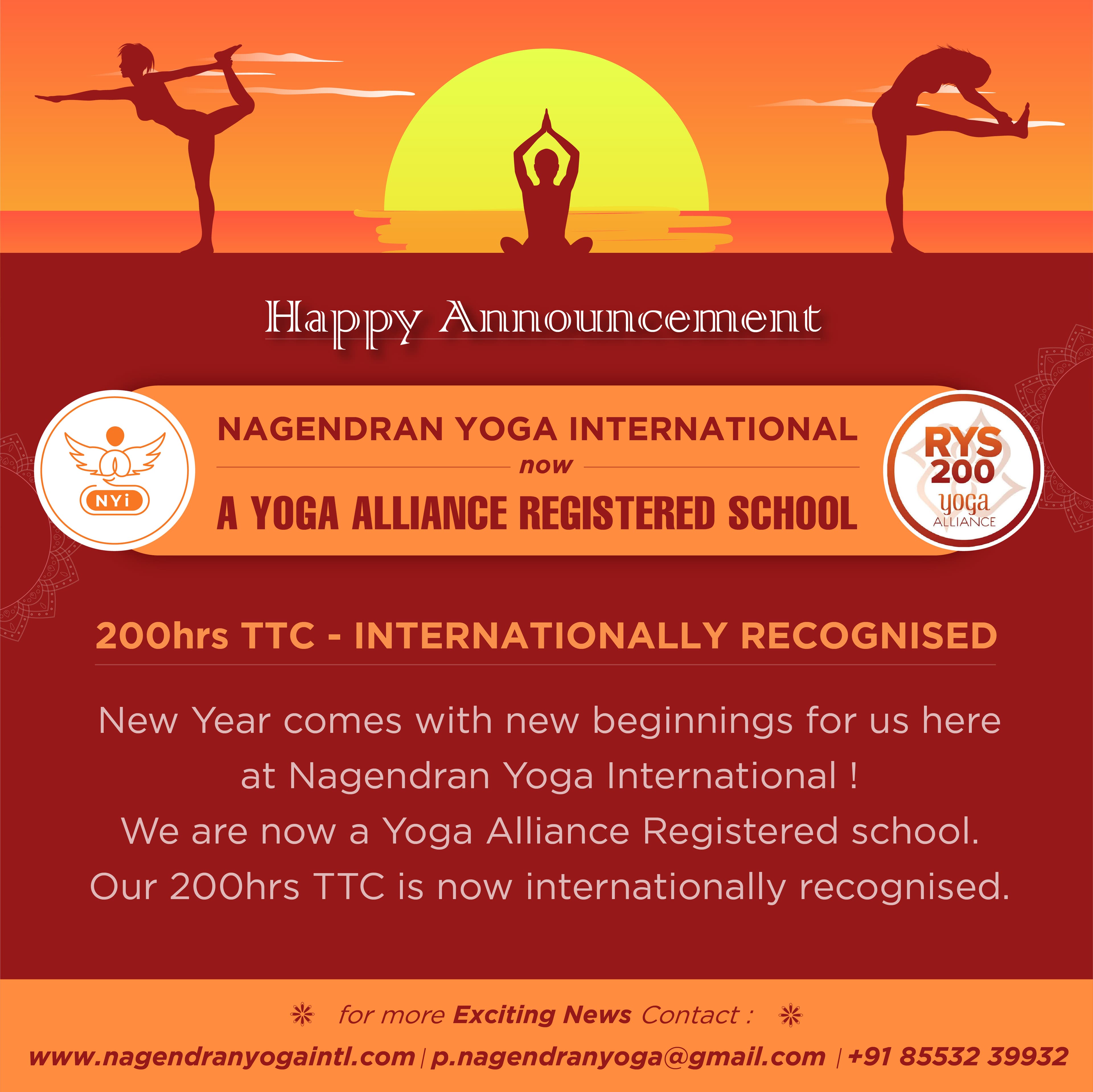 Yoga Alliance certification milestone announcement with illustrated sunset scene